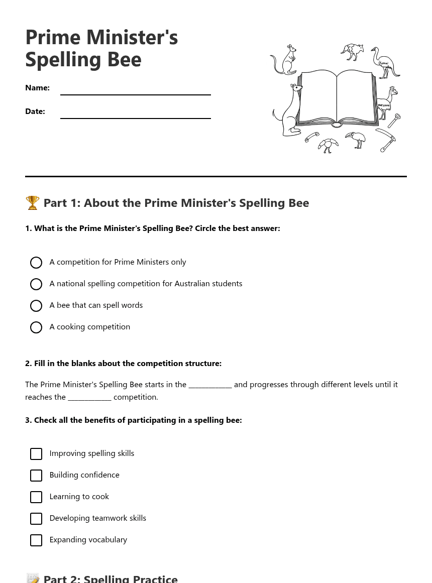 Prime Minister's Spelling Bee worksheet preview