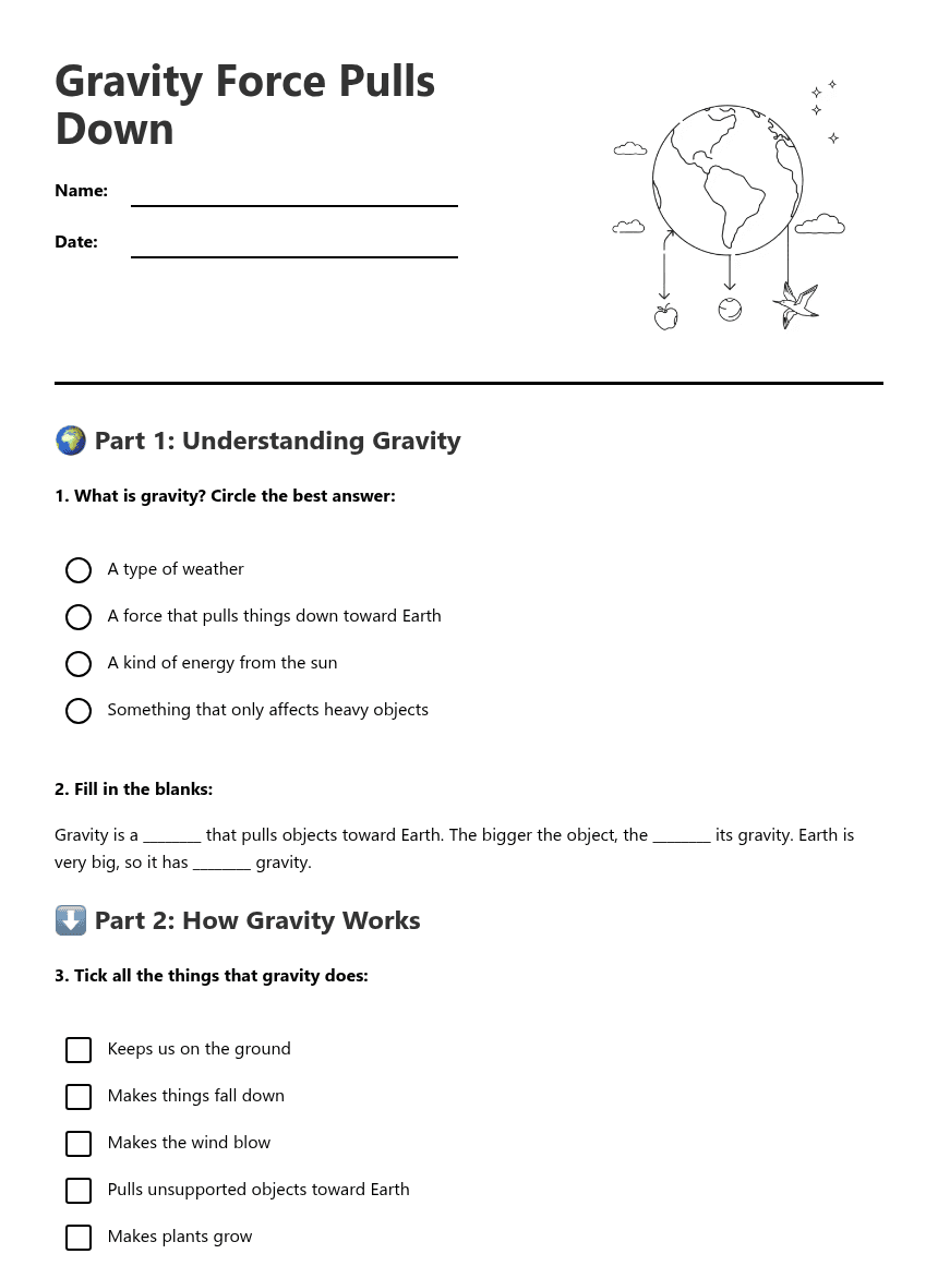 Gravity Force Pulls Down worksheet preview