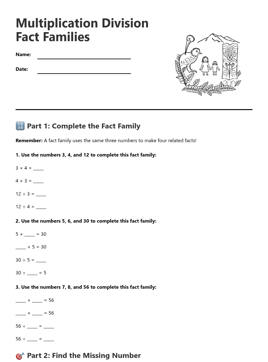 Multiplication Division Fact Families worksheet preview
