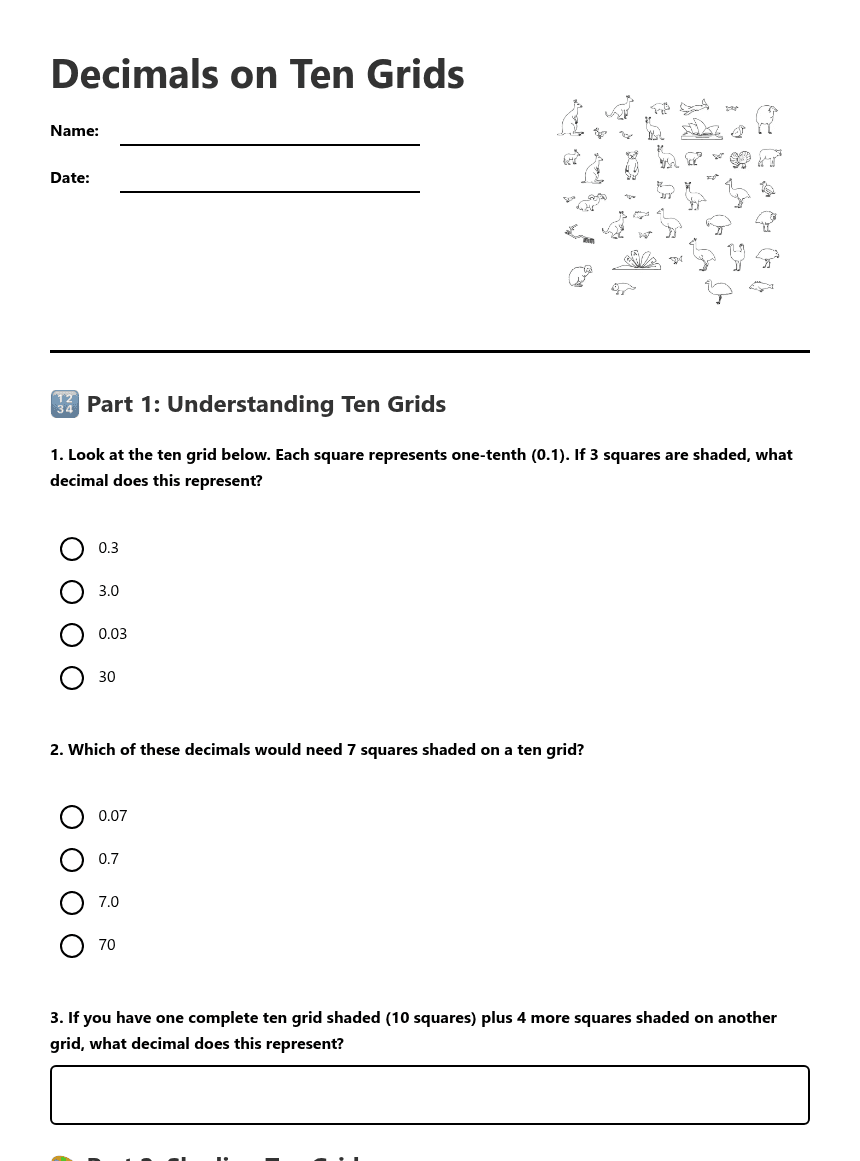 Decimals on Ten Grids worksheet preview