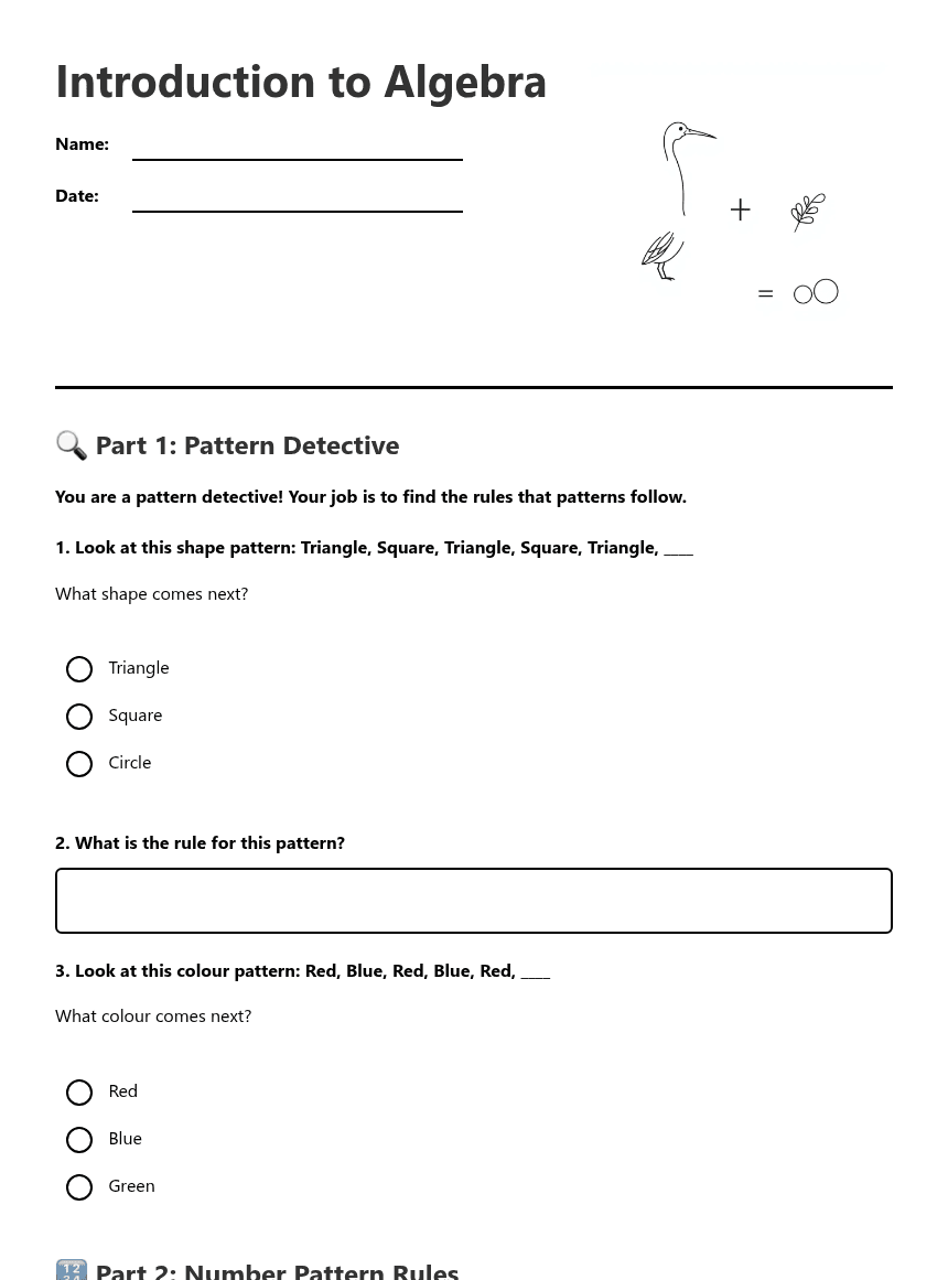 Introduction to Algebra worksheet preview