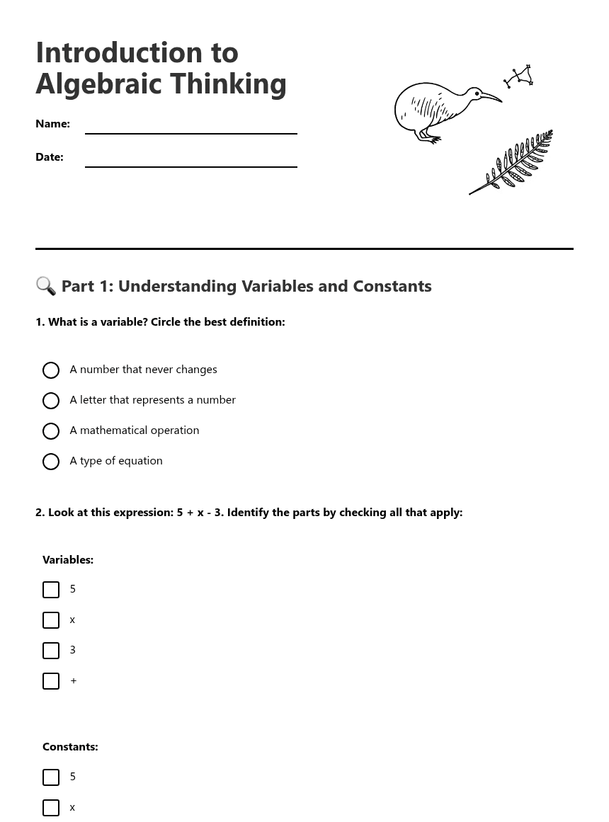 Introduction to Algebraic Thinking worksheet preview