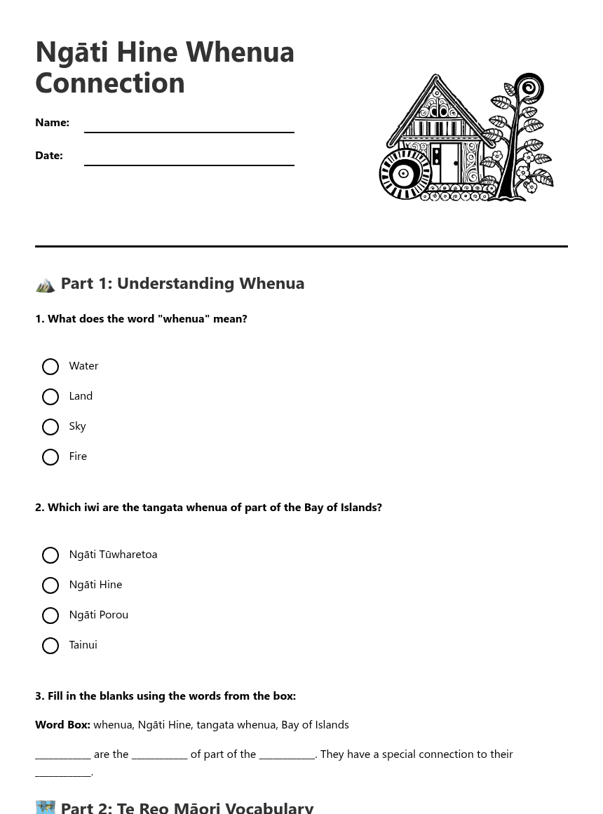 Ngāti Hine Whenua Connection worksheet preview