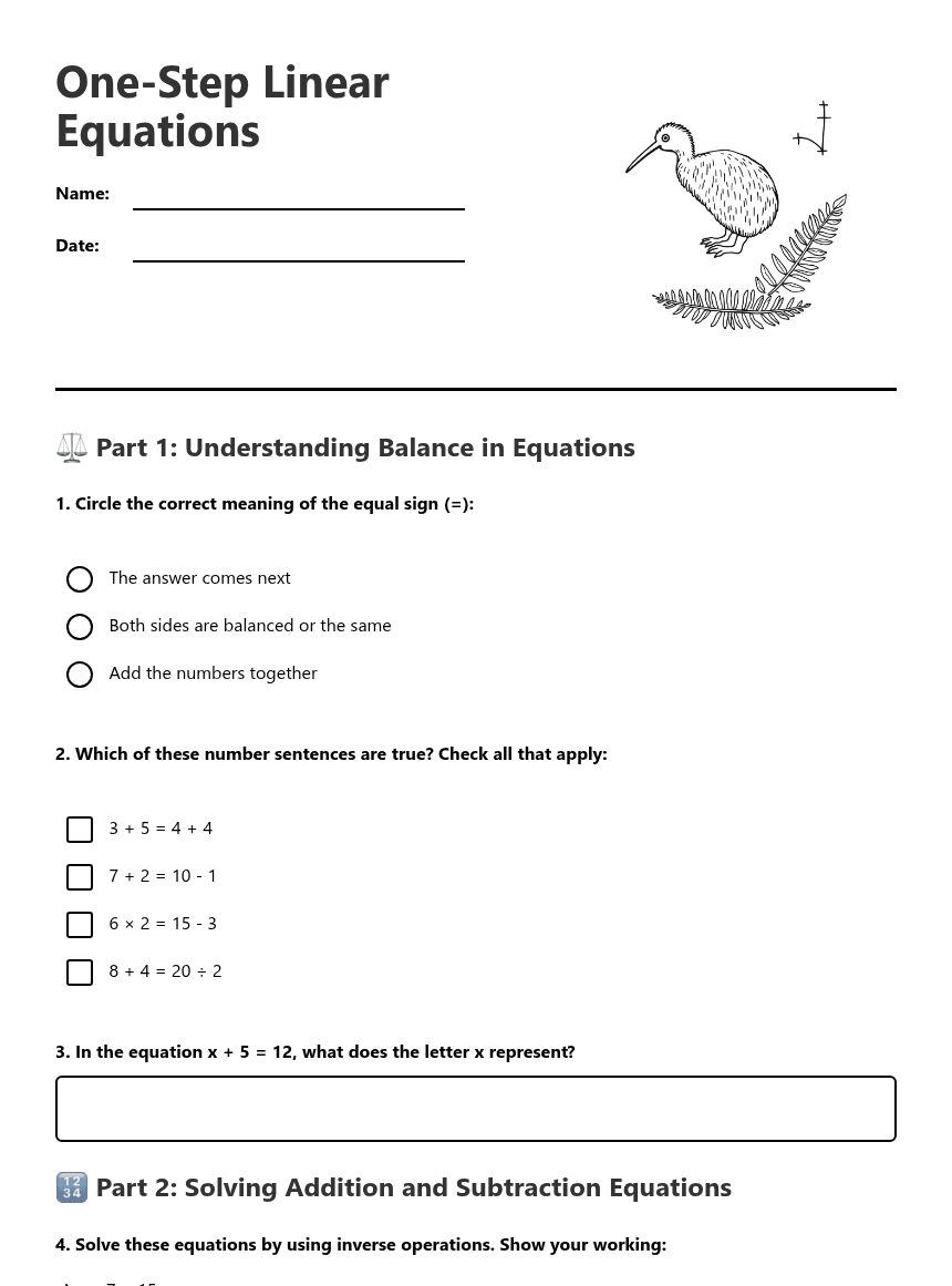 One-Step Linear Equations worksheet preview