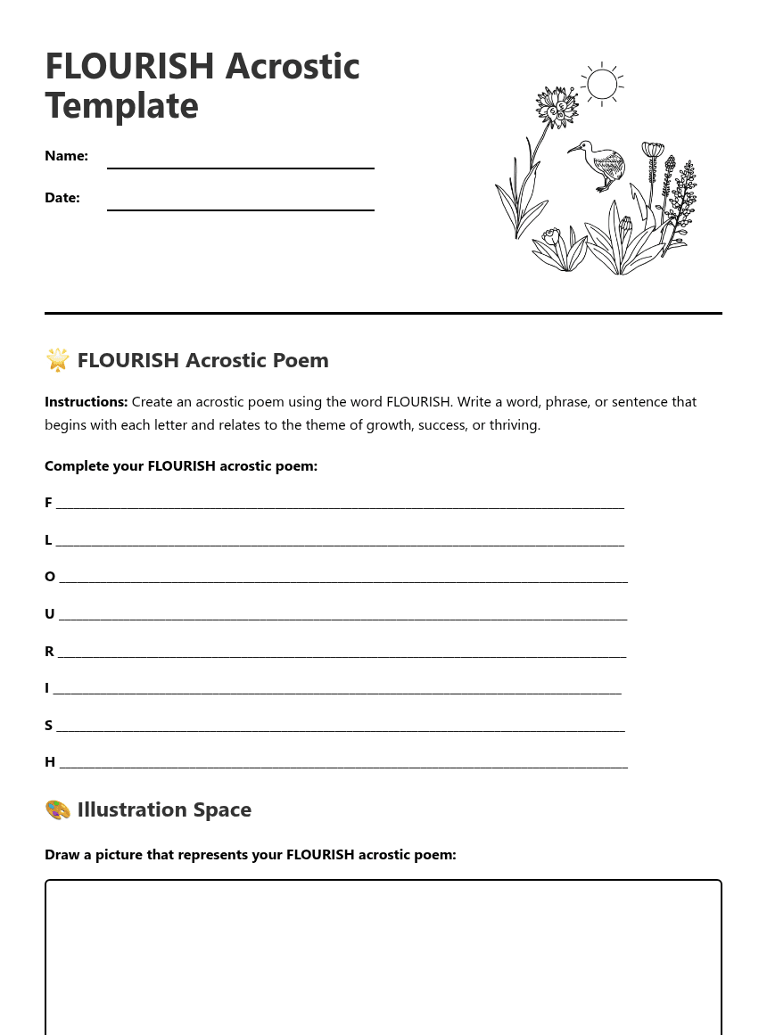 FLOURISH Acrostic Template worksheet preview