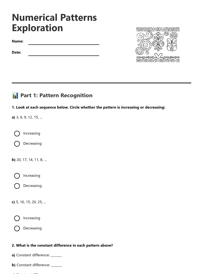 Numerical Patterns Exploration worksheet preview