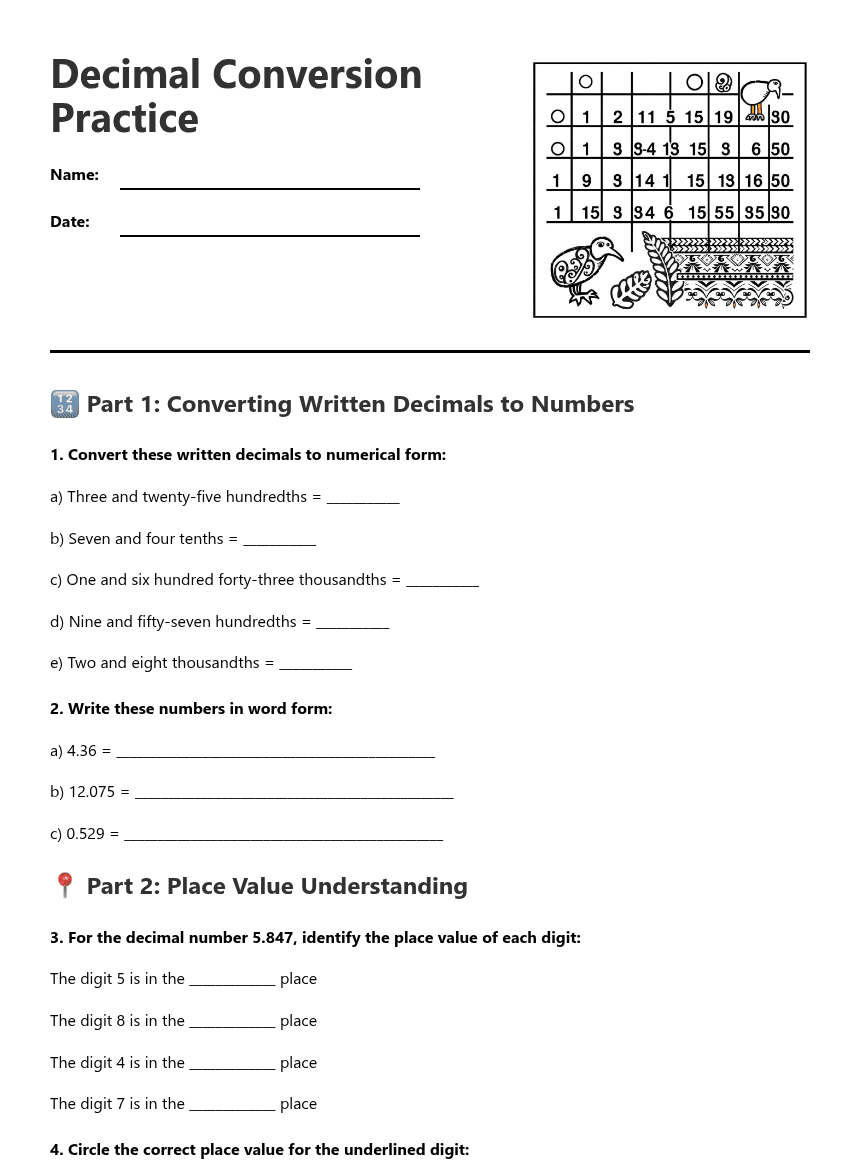 Decimal Conversion Practice worksheet preview