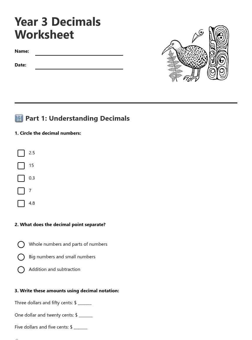 Year 3 Decimals Worksheet worksheet preview