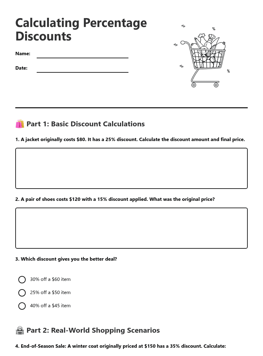 Calculating Percentage Discounts worksheet preview