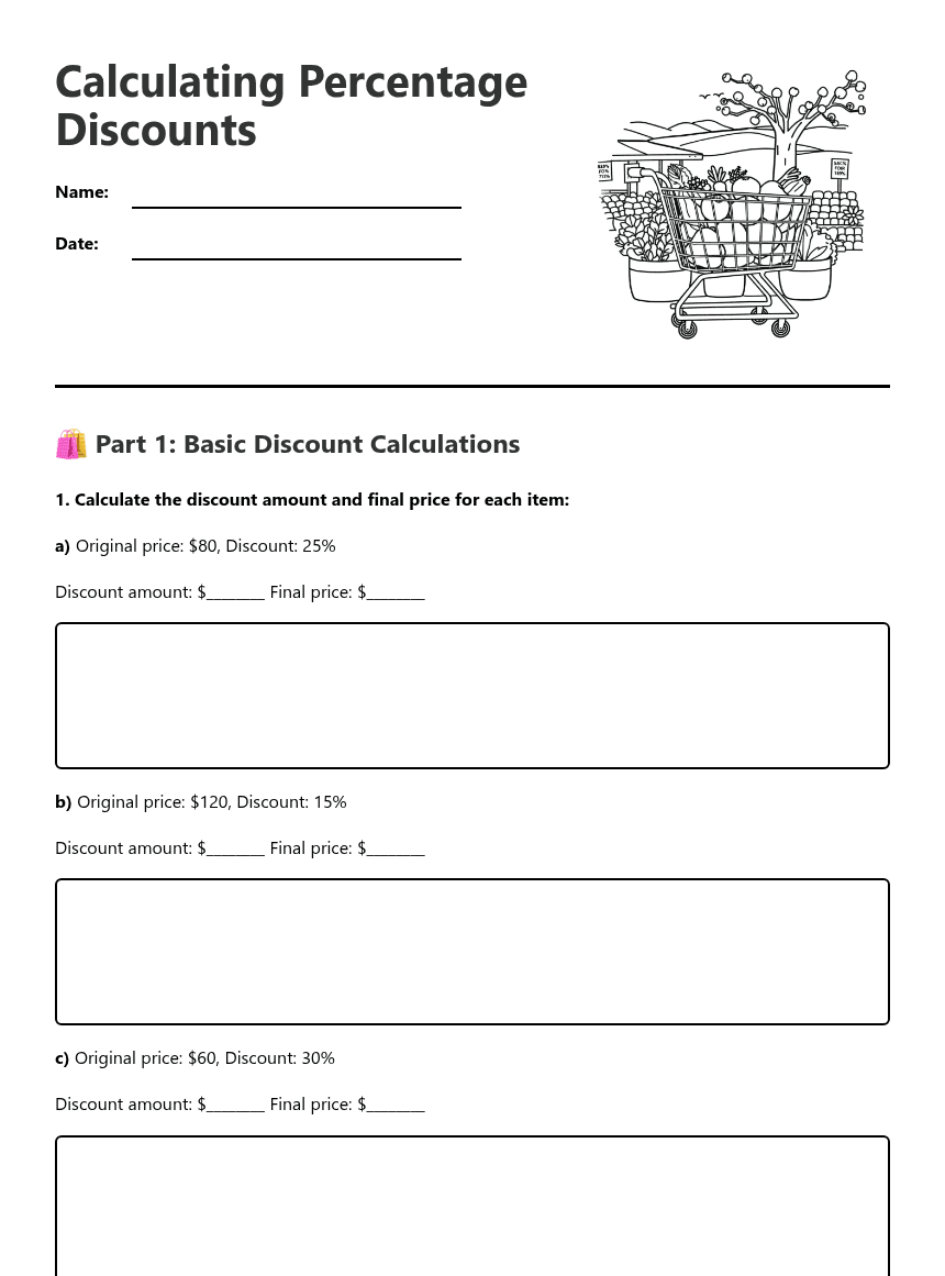 Calculating Percentage Discounts worksheet preview