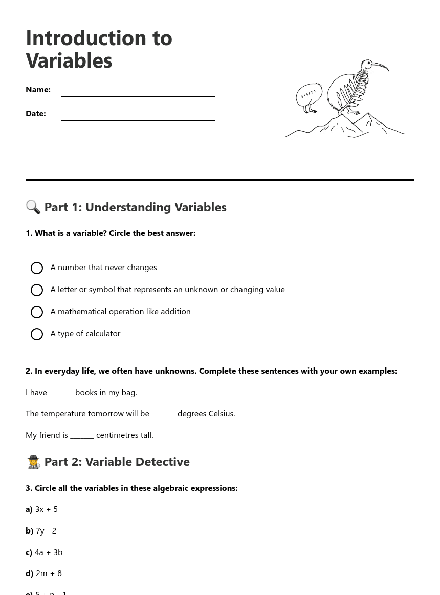 Introduction to Variables worksheet preview