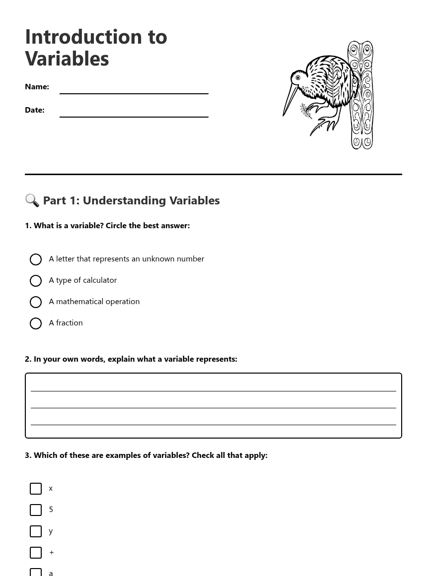 Introduction to Variables worksheet preview