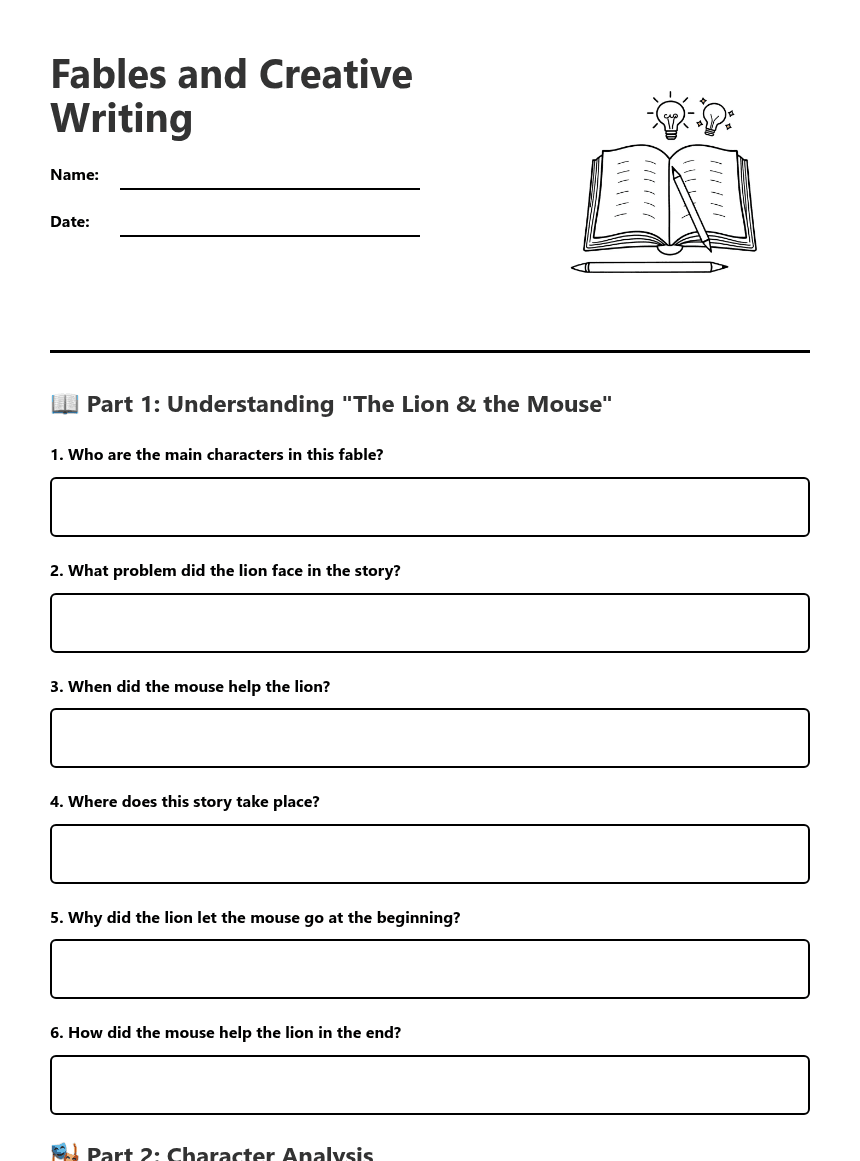 Fables and Creative Writing worksheet preview
