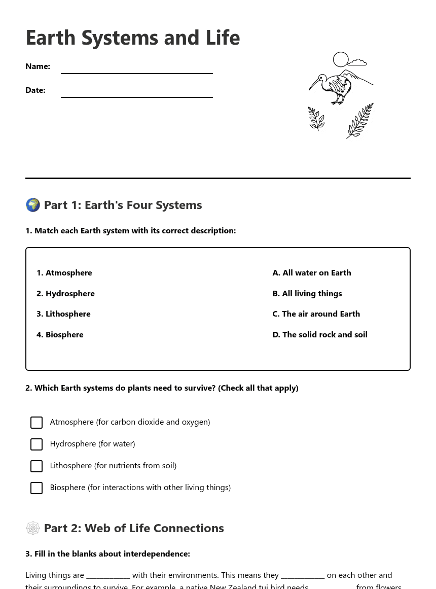 Earth Systems and Life worksheet preview
