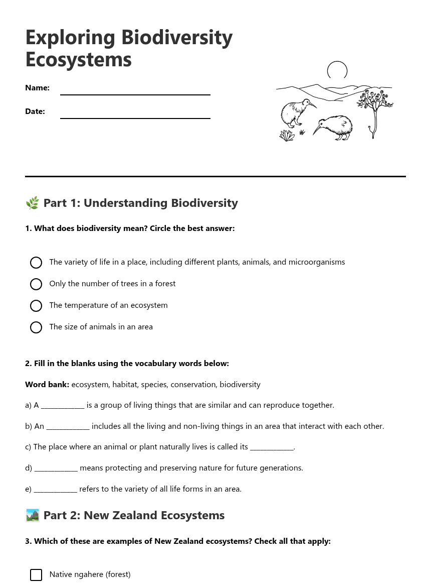 Exploring Biodiversity Ecosystems worksheet preview