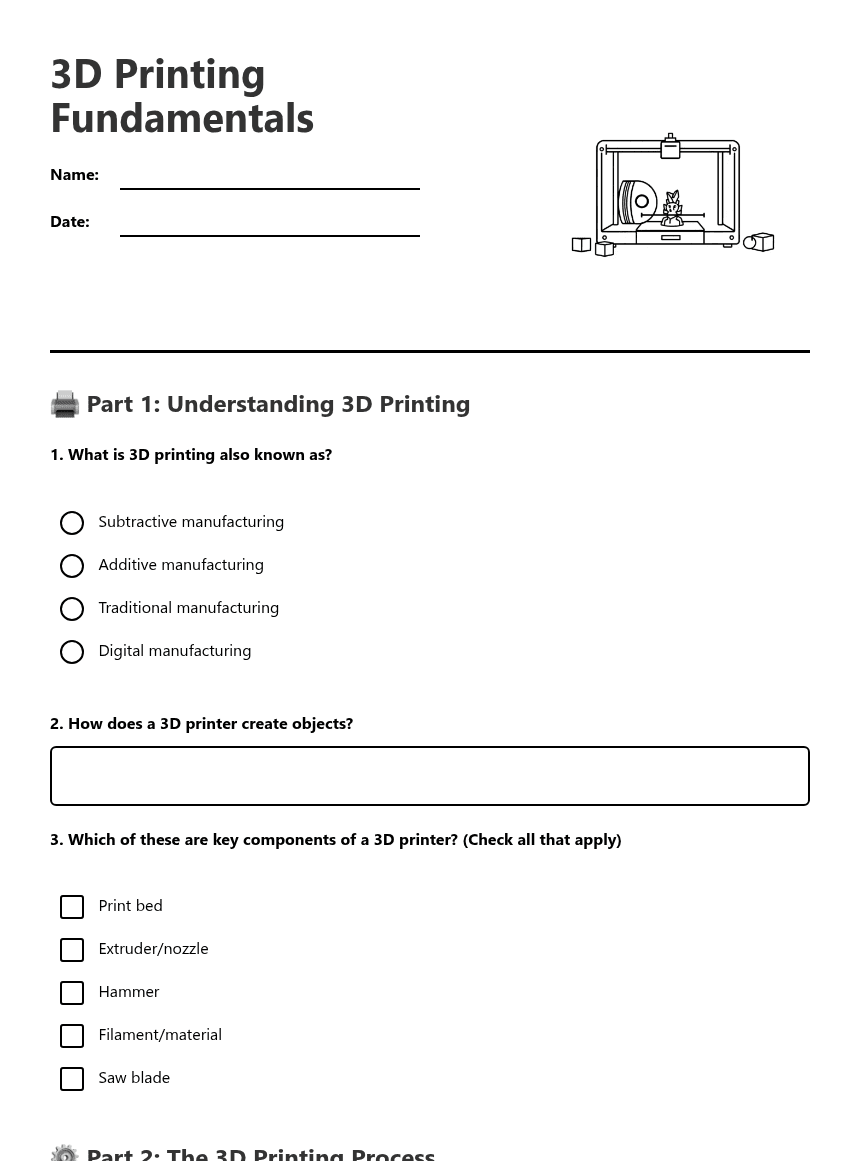 3D Printing Fundamentals worksheet preview