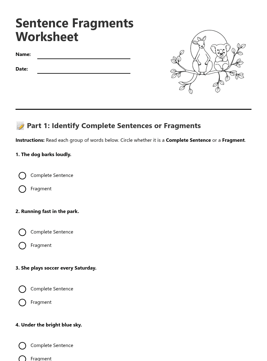 Sentence Fragments Worksheet worksheet preview