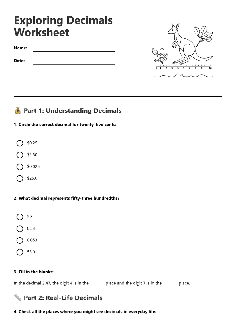 Exploring Decimals Worksheet