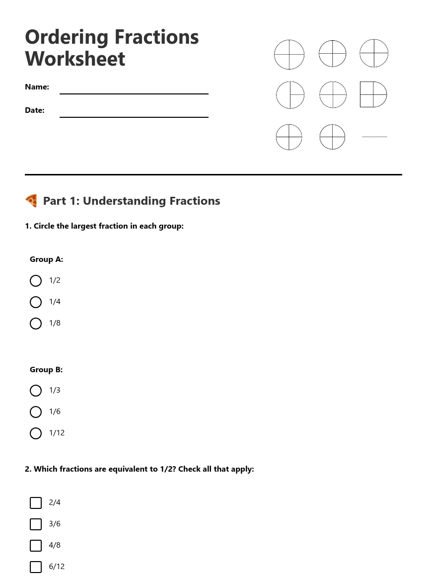 Ordering Fractions Worksheet worksheet preview