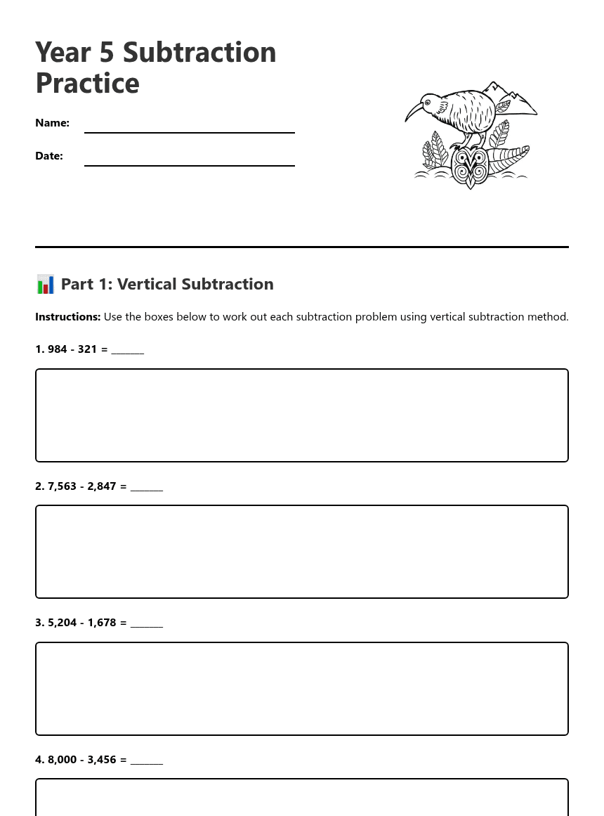 Year 5 Subtraction Practice worksheet preview