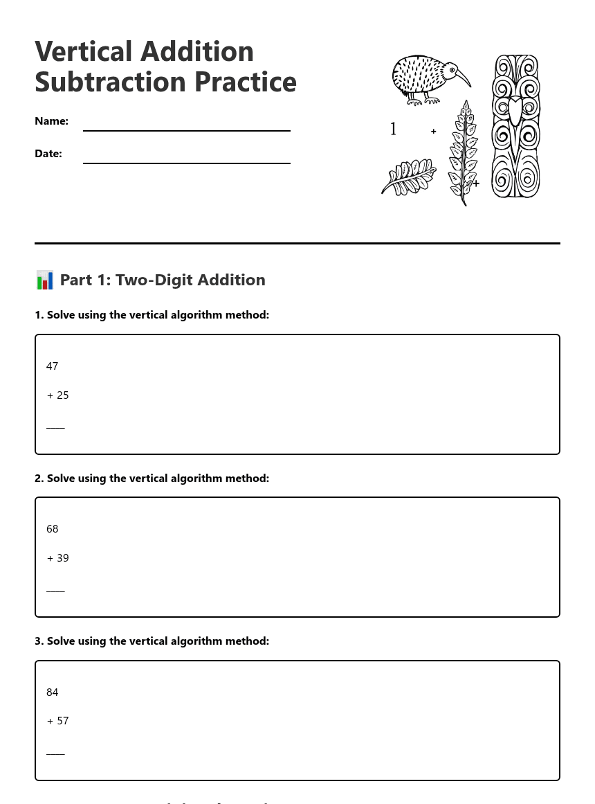Vertical Addition Subtraction Practice worksheet preview