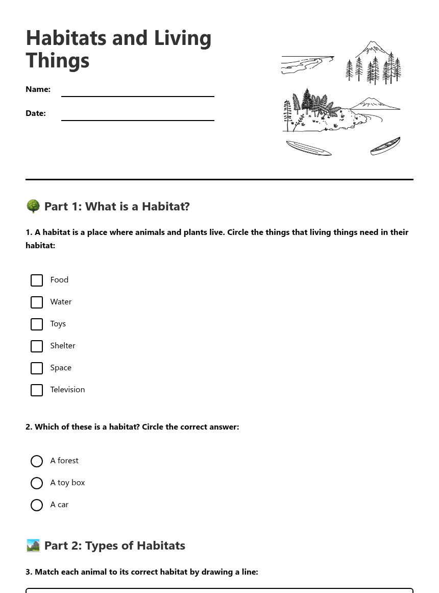 Habitats and Living Things worksheet preview