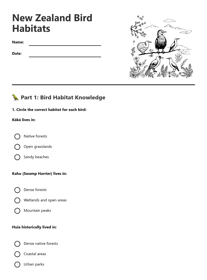 New Zealand Bird Habitats worksheet preview