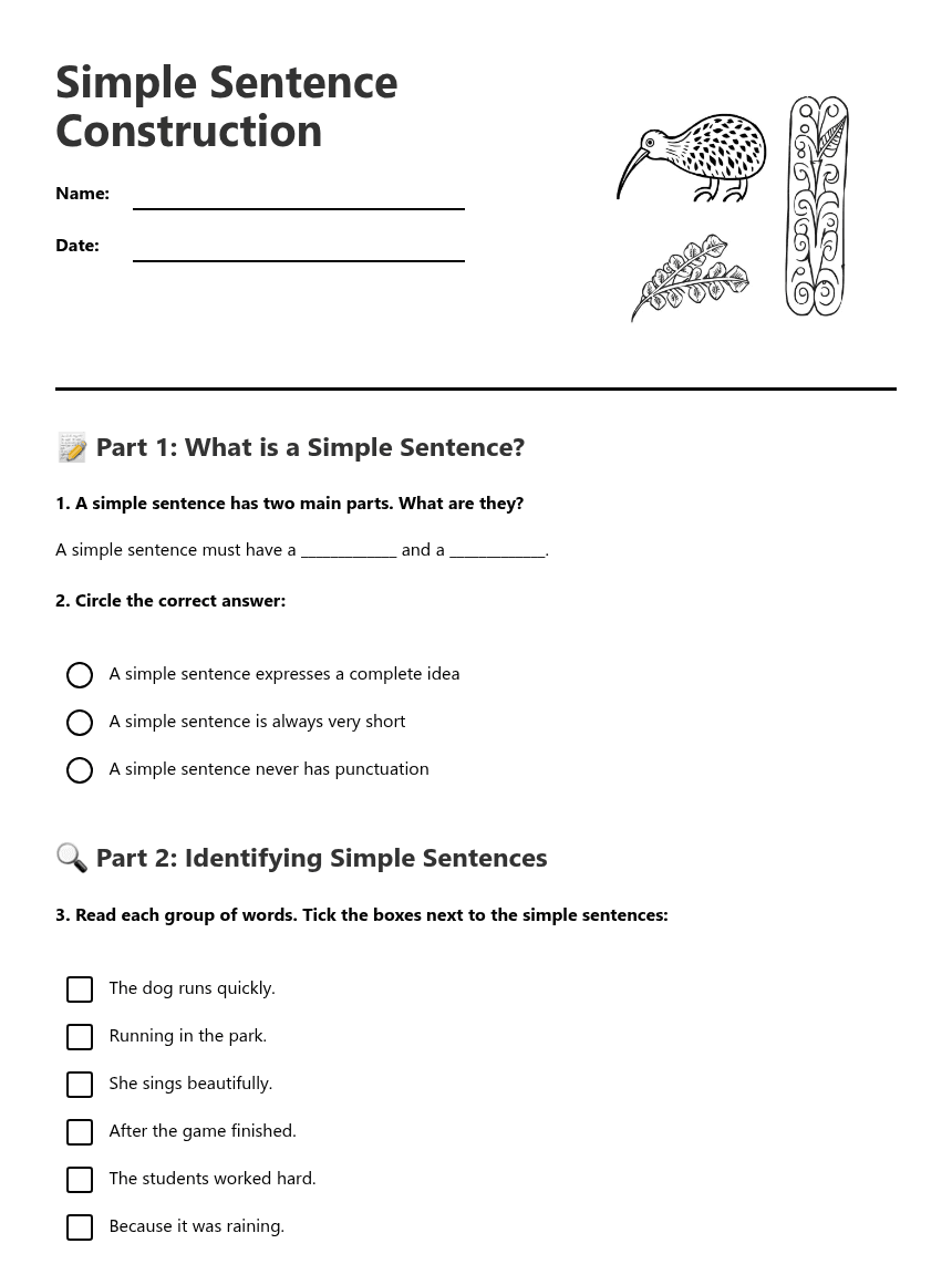 Simple Sentence Construction worksheet preview