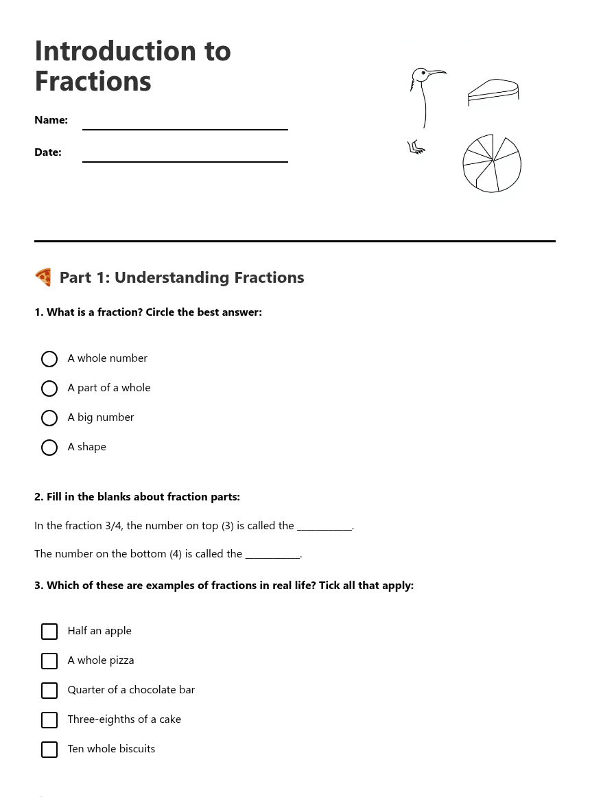 Introduction to Fractions worksheet preview