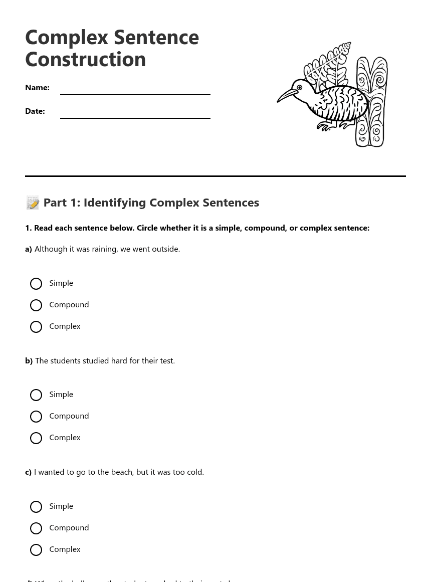 Complex Sentence Construction worksheet preview