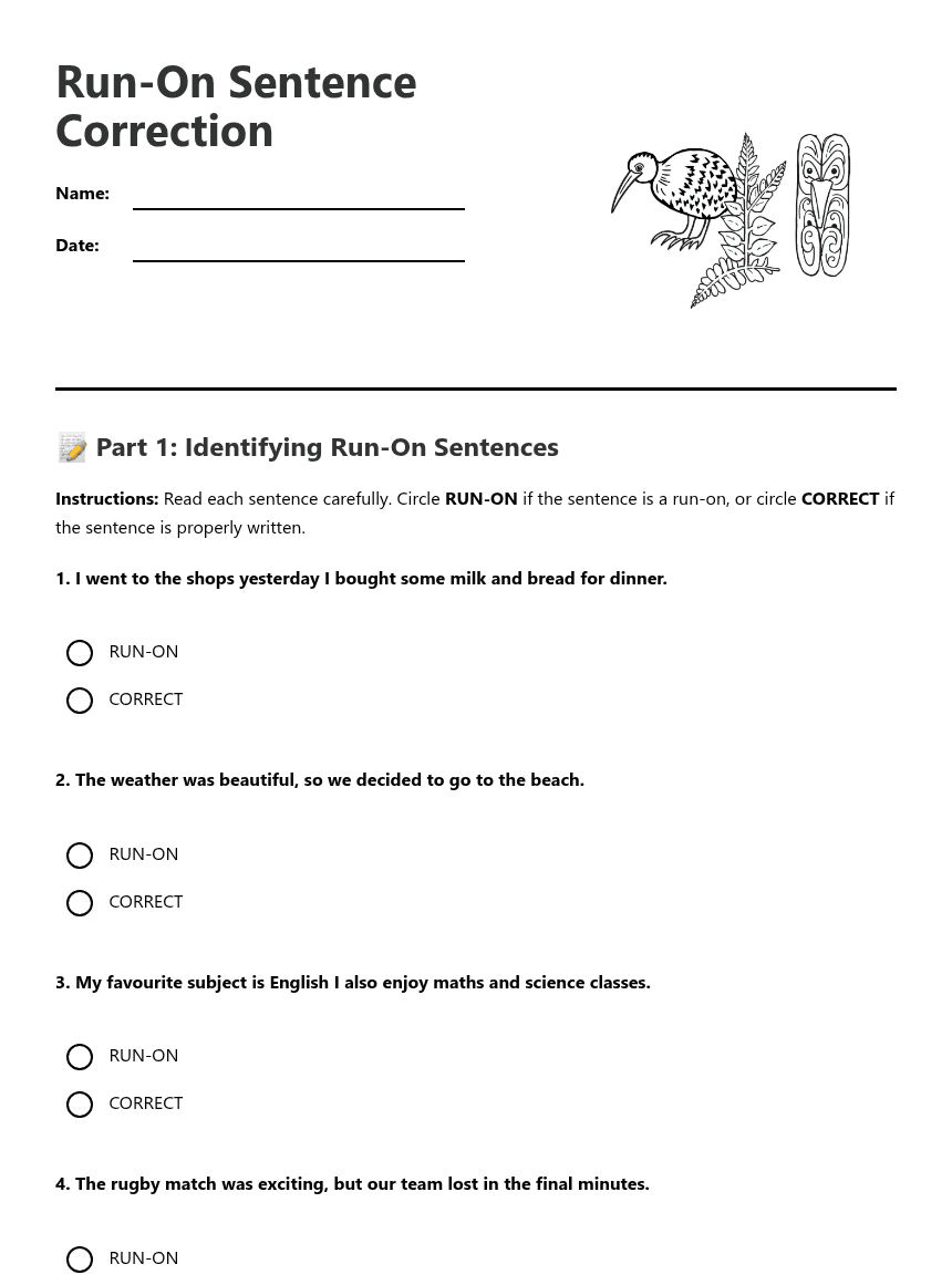 Run-On Sentence Correction worksheet preview