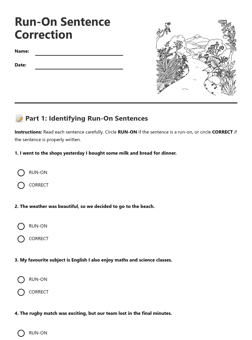 Run-On Sentence Correction worksheet preview
