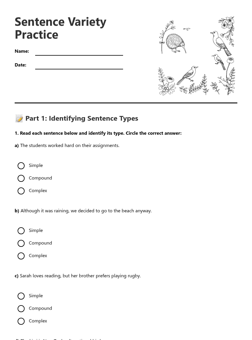 Sentence Variety Practice worksheet preview