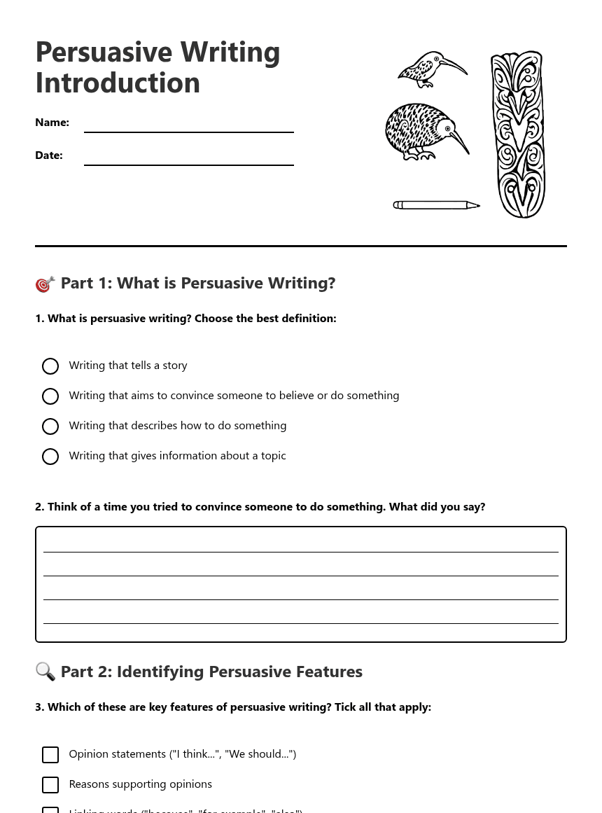Persuasive Writing Introduction worksheet preview