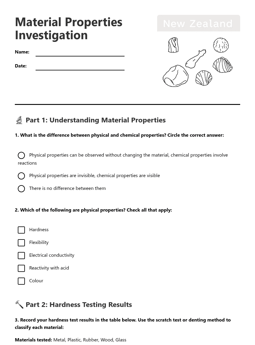 Material Properties Investigation worksheet preview