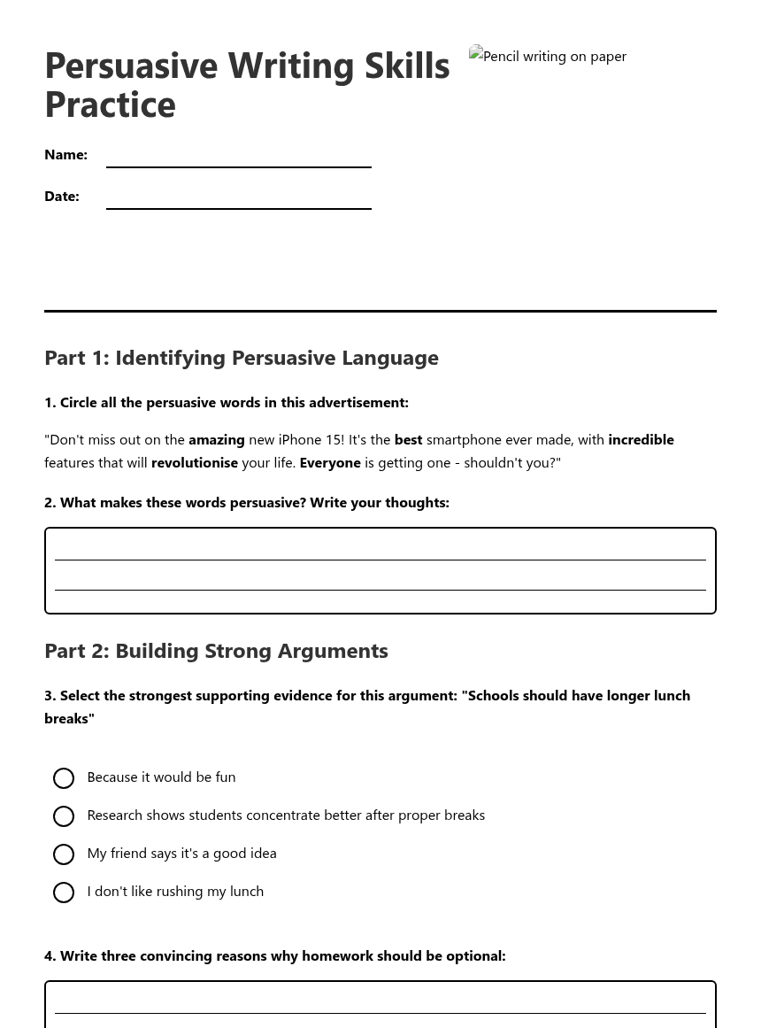 Persuasive Writing Skills Practice worksheet preview