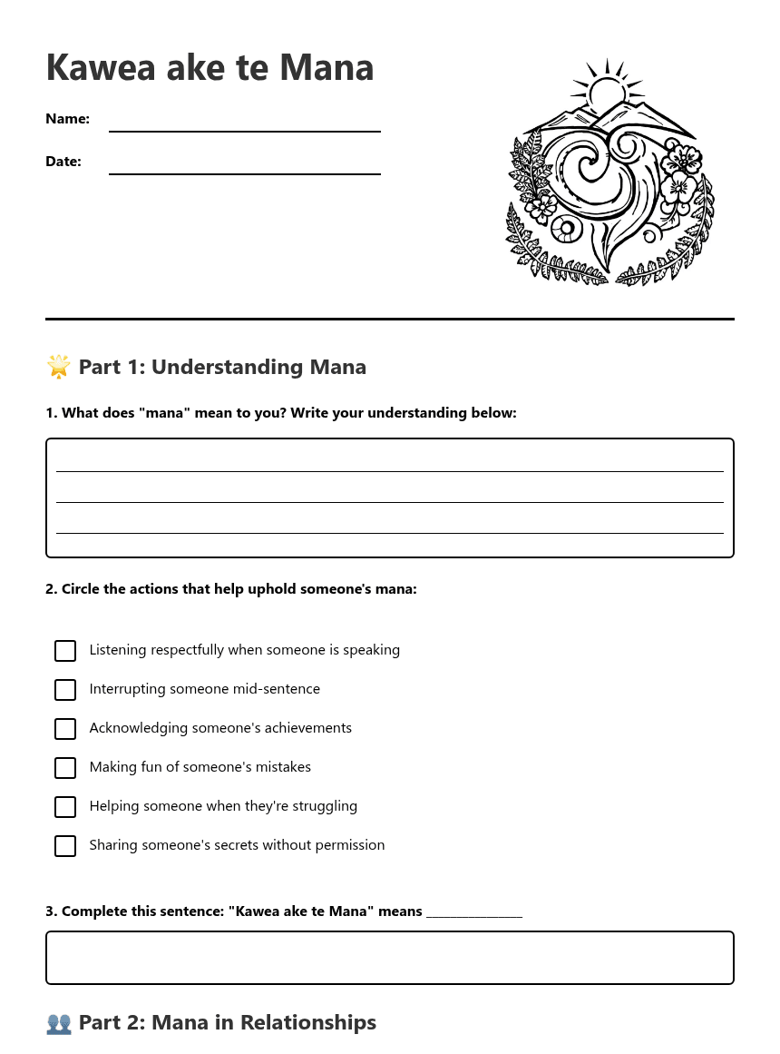Kawea ake te Mana worksheet preview