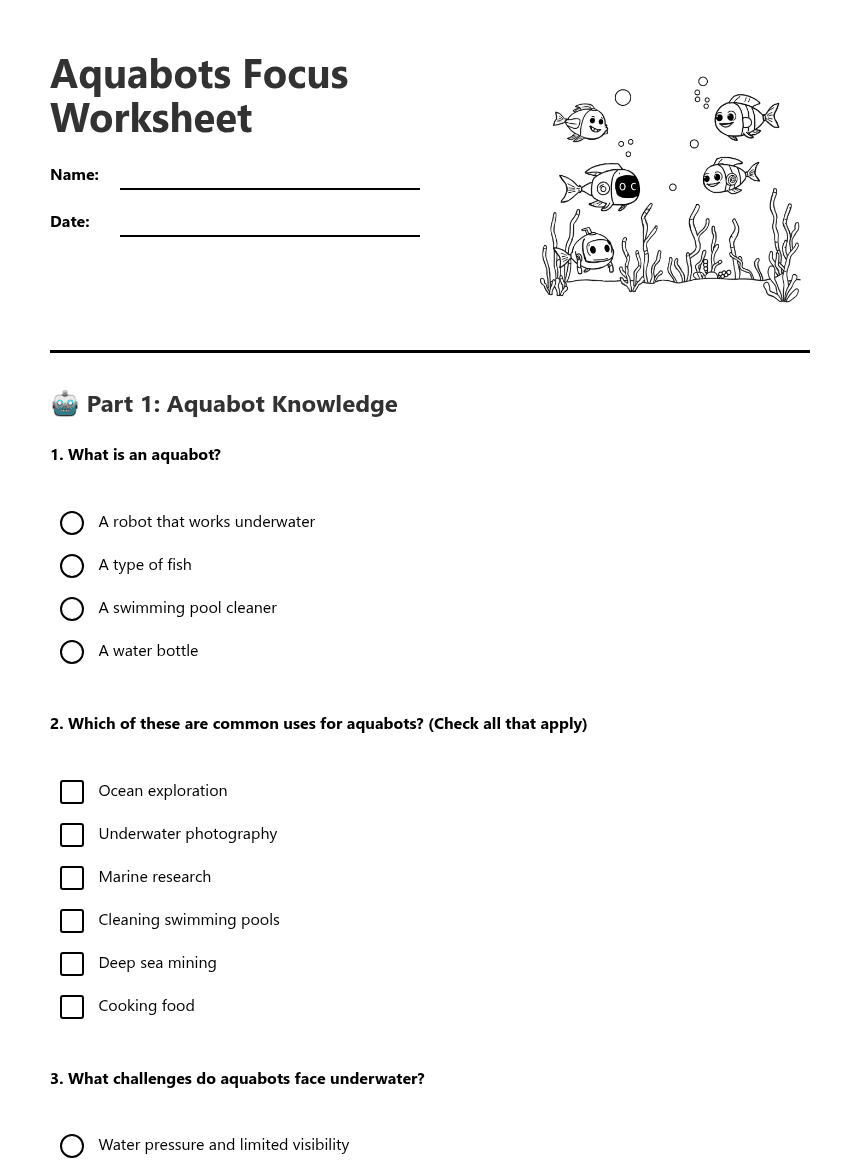 Aquabots Focus Worksheet worksheet preview