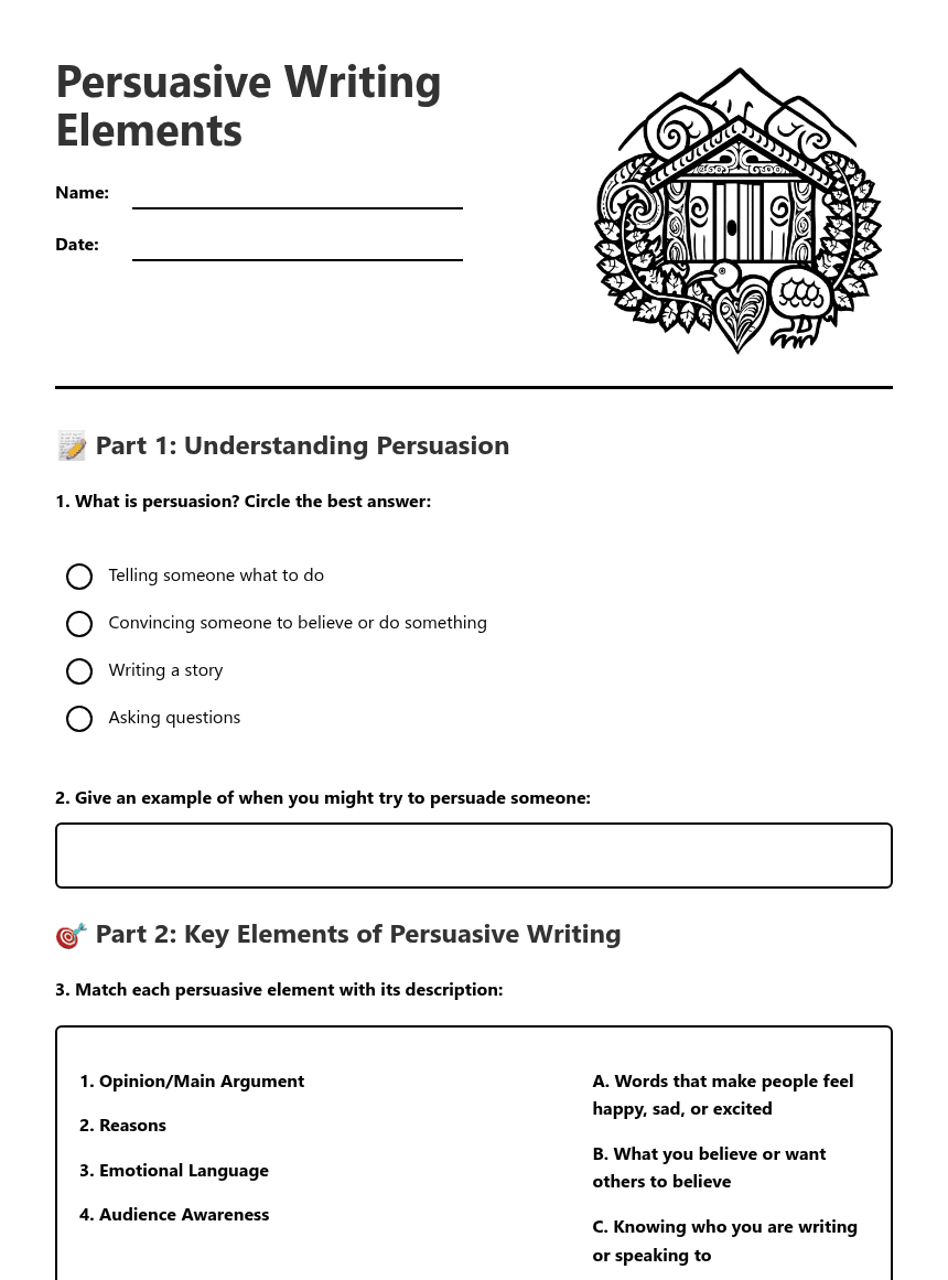 Persuasive Writing Elements worksheet preview