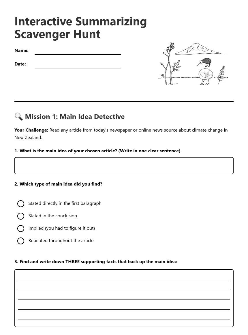 Interactive Summarizing Scavenger Hunt worksheet preview