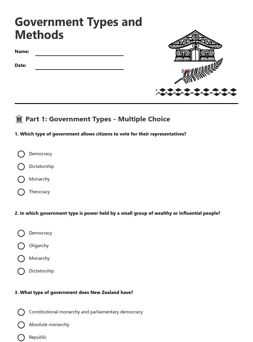Government Types and Methods worksheet preview