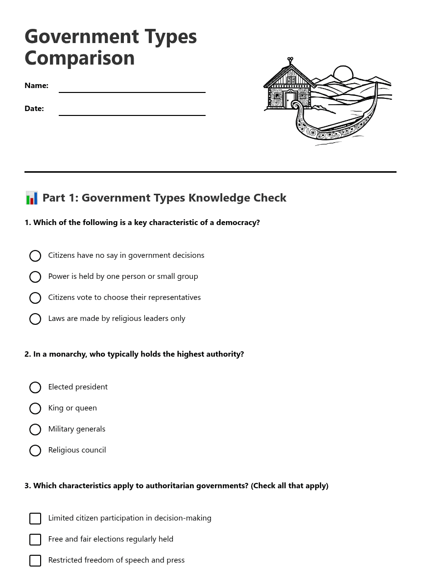 Government Types Comparison worksheet preview