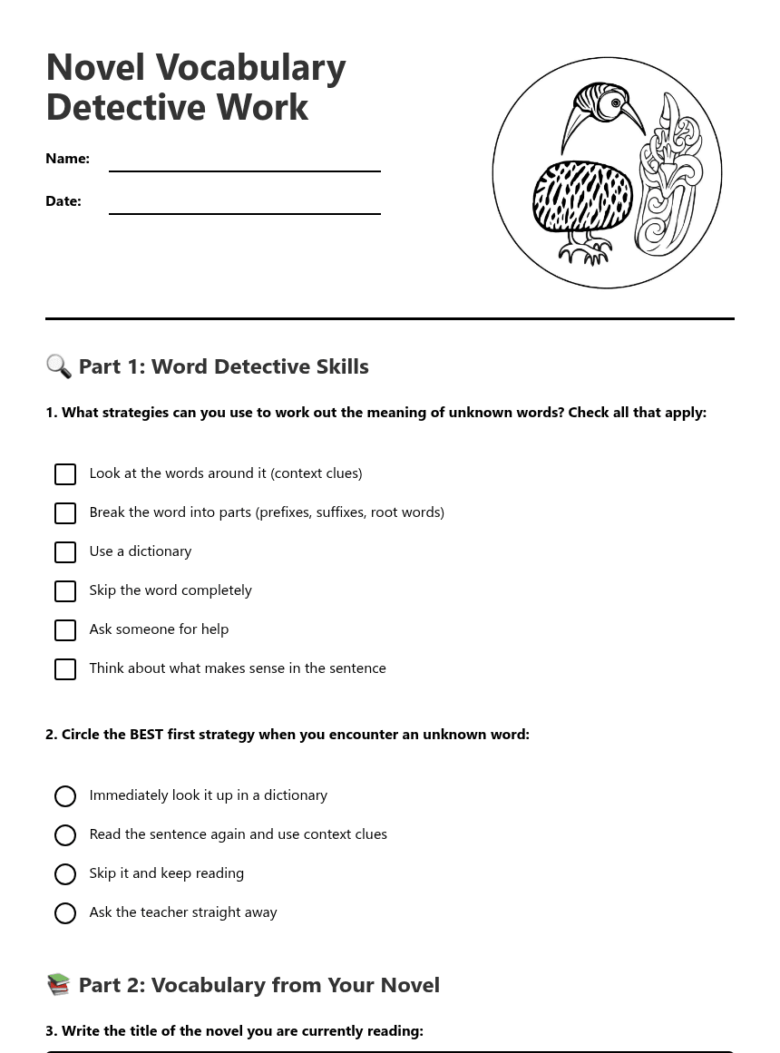 Novel Vocabulary Detective Work worksheet preview