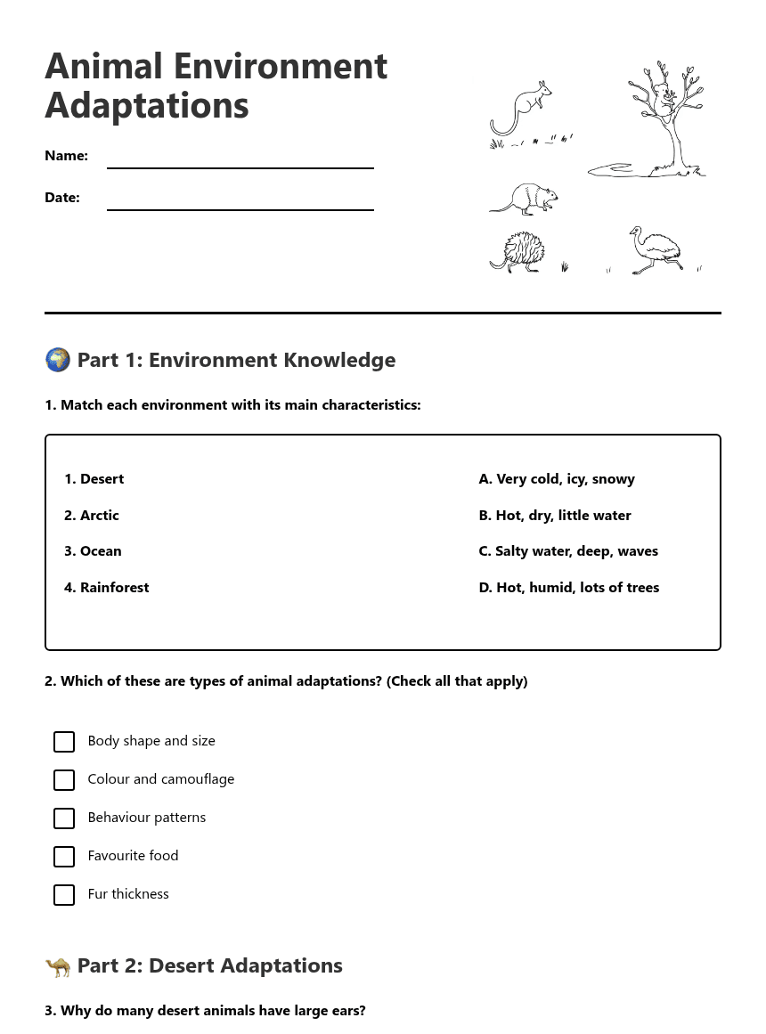 Animal Environment Adaptations worksheet preview