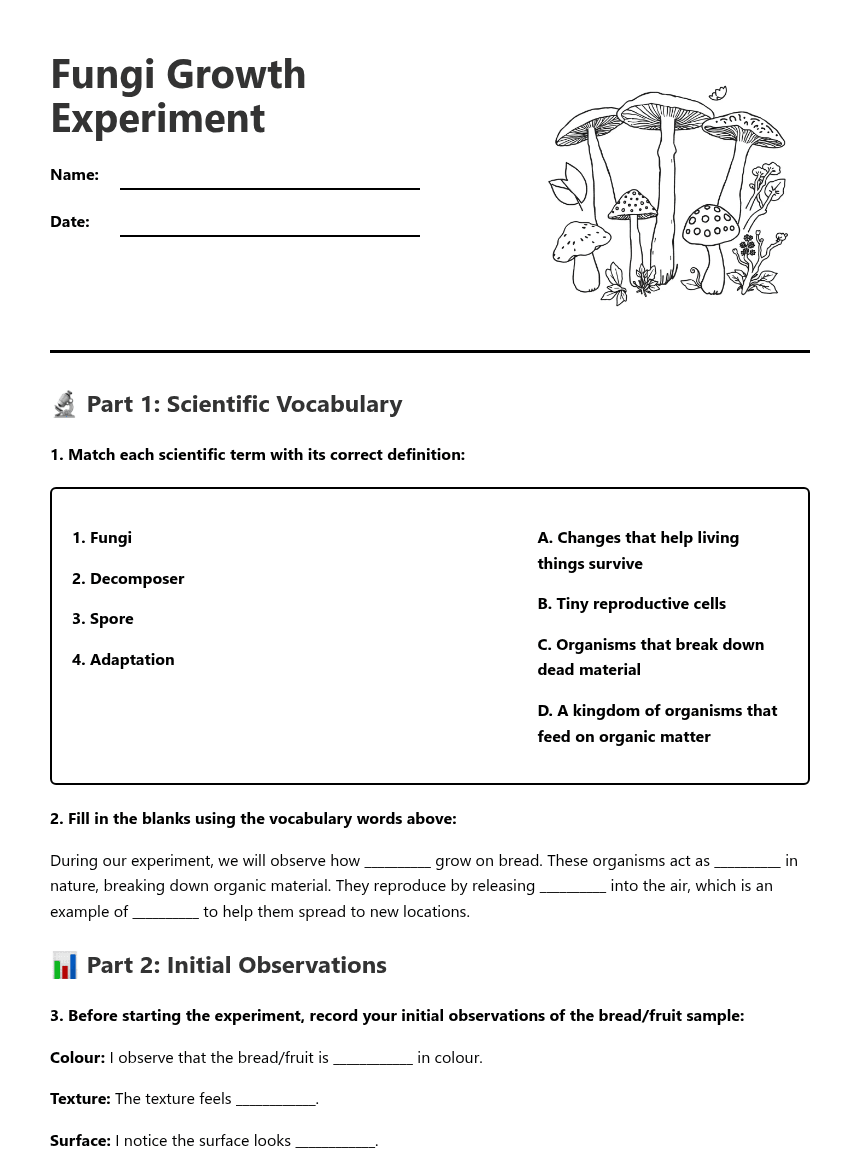 Fungi Growth Experiment worksheet preview