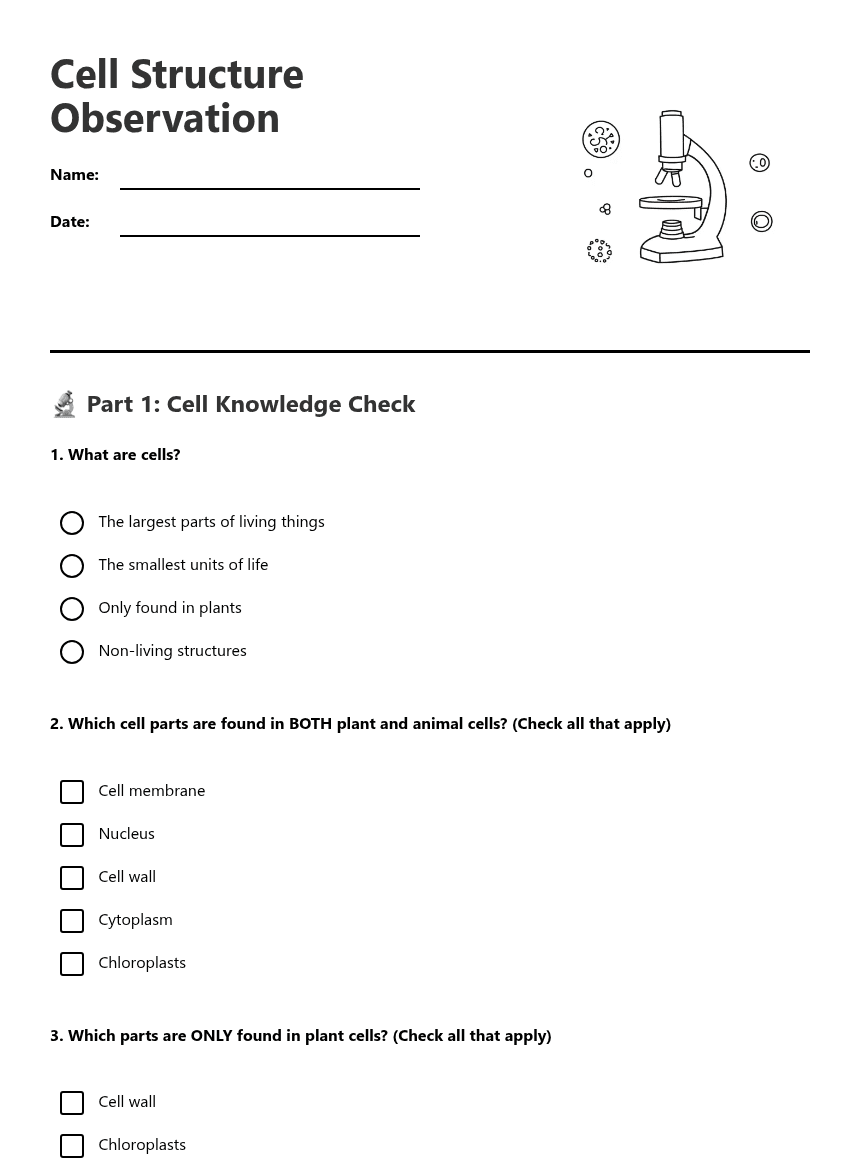 Cell Structure Observation worksheet preview