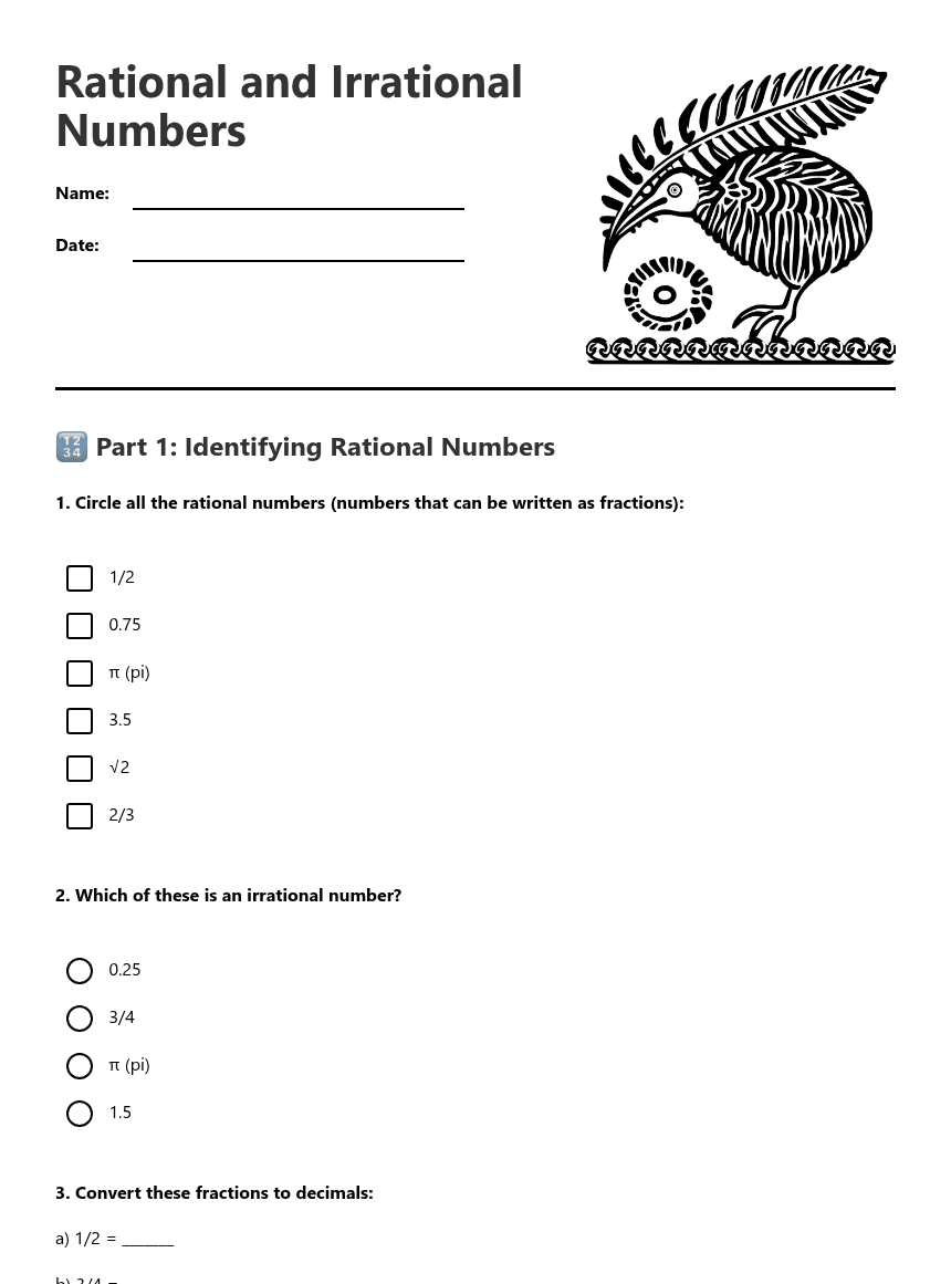 Rational and Irrational Numbers worksheet preview