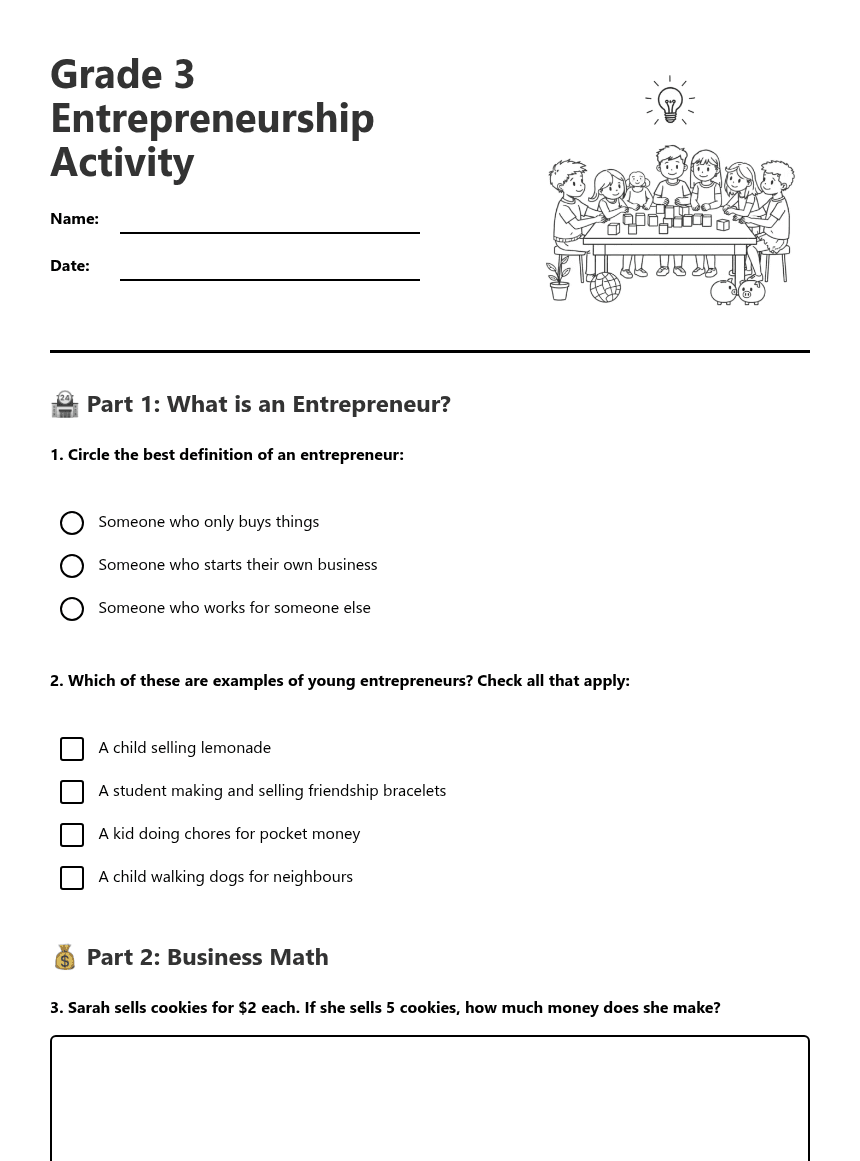 Grade 3 Entrepreneurship Activity worksheet preview