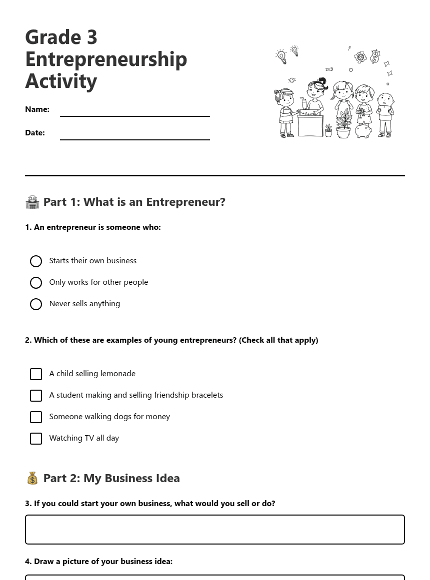 Grade 3 Entrepreneurship Activity worksheet preview