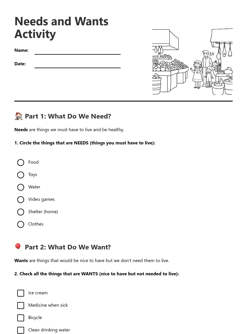 Needs and Wants Activity worksheet preview